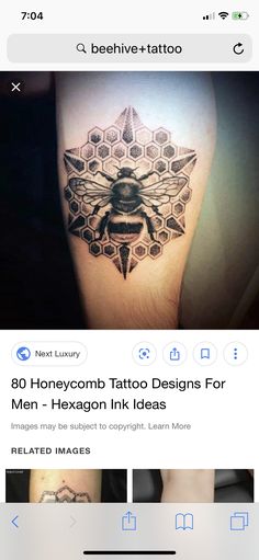 an image of a tattoo on someone's leg with the words honeycomb tattoo designs for men and hexagon ink ideas