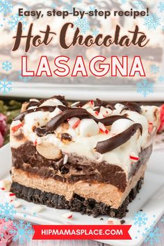 hot chocolate lasagna recipe Hot Cocoa Cheesecake, Hot Chocolate Lasagna, Hot Chocolate Cheesecake, Chocolate Layered Dessert Cool Whip, No Bake Hot Chocolate Cheesecake, Lasagna Dessert Recipes, Peppermint Lasagna Dessert, Baileys Peppermint Chocolate Lasagna, Hot Chocolate Lasagna Dessert Recipe