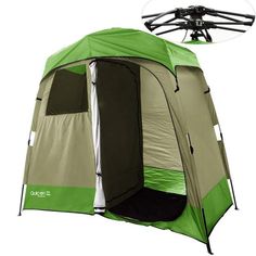 a green and gray tent with a helicopter attached to the front side of it, on a white background