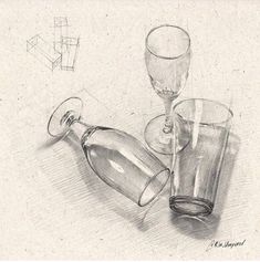 a pencil drawing of two glasses and a bottle