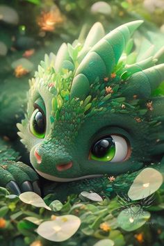 a close up of a green dragon with big eyes sitting in some leaves and flowers