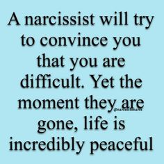 a quote on narcisst will try to convene you that you are difficult yet the moment they are gone, life is incredibly peaceful