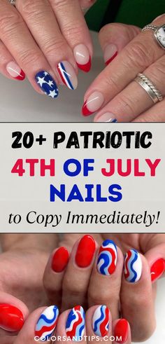 Enhance your 4th of July nails with these elegant and cute nail designs for 2024! Explore the best simple and cute ideas in festive red and blue. Ideal for short gel nails and acrylic, these designs are easy to create and perfect for adding patriotic flair. Stay on trend with the season's prettiest nail looks. Check out these 4th of July nail inspiration pics! Red nails, Classy gel ideas, Holiday nail ideas, Festive nails, Summer nails, Blue nails, 4th of july nails simple, patriotic nails Simple Acrylic Nail Designs For Summer 4th Of July, Patriot Nail Designs, Simple Short 4th Of July Nails, 2024 4th Of July Nails, 4tj Of July Acrylic Nails, Minimalist 4th Of July Nails, July Gel Nails Ideas, Red 4th Of July Nails, Patriotic Fingernails