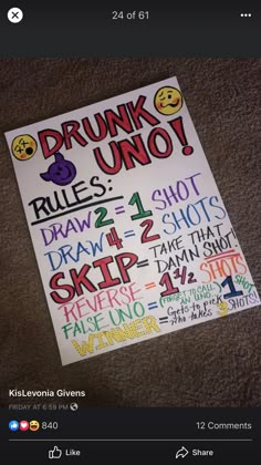 a poster on the floor that says drunk uno rules = 1 shot draw 4 shots skip 3 times