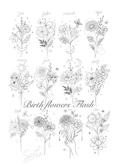 the birth flower flash is shown in black and white, with flowers drawn on it