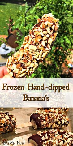 the frozen hand - dipped banana's are made with chocolate, nuts and almonds