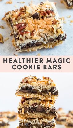 three different bars stacked on top of each other with the words healthier magic cookie bars