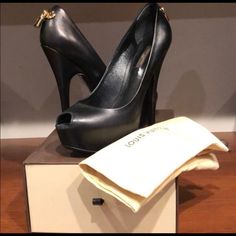 Louis Vuitton Black Lambskin Pump Peep Toe With Gold Lock Louis Vuitton Black, Louis Vuitton Shoes, Selling On Poshmark, Luxury Items, Christian Louboutin Pumps, Shoes Women Heels, Christian Louboutin, Shoes Heels, Louis Vuitton