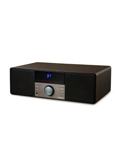 a black stereo system with blue lights on it's front and side panel,