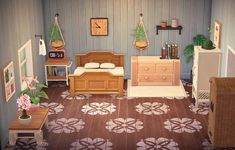 a dollhouse bedroom with furniture and decor on the walls, including a bed, dresser, chair, mirror and clock