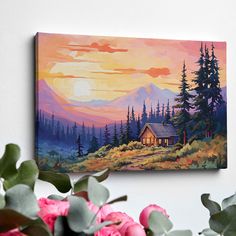 a painting of a cabin in the woods at sunset with pink flowers and greenery