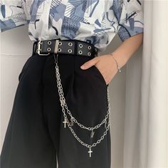 Material: PU, MetalOption: Double hole belt only, Belt + Single chain, Belt + Ring double chains, Belt + Cross plume chains, Ring double chains only, Cross plume chains only, Size:Belt length: 105cm, width: 3.8cmRing chain length: 48cmPlume chain length: 66cm Double Hole Belt, Chain Belt Outfit, Chain Outfit, Jeans Chain, Pant Chains, Belt Ring, Punk Girl, Fashion Belts, Chain Belt