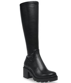 PRICES MAY VARY. Synthetic upper, lining, and insole Knee-length construction Zippered side closure Low platform heel Rubber lug outsole for traction Low Heels Outfit, Hotel Closet, Look Good Everyday, Long Black Boots, Tall Heeled Boots, Calf High Boots, Steve Maddens, Look Put Together, Fashion Things