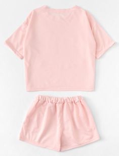 Matching crop top and short set Summer Two-piece Crop Top Set, Solid Color Short Sets For Spring, Casual Two-piece Loungewear Set, Casual Two-piece Set For Loungewear, Pink Casual Two-piece Top, Pink Two-piece Casual Tops, Casual Pink Two-piece Top, Casual Solid Color Cotton Short Set, Summer Matching Set Crop Top