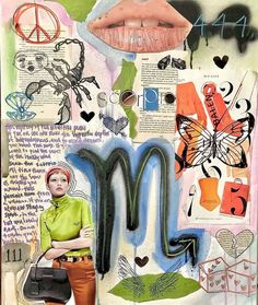 a collage of various images and words with a woman standing in front of them