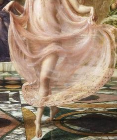 a painting of a woman in a pink dress with her hair flying through the air