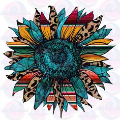 a drawing of a sunflower with colorful stripes and leopard spots on it's petals