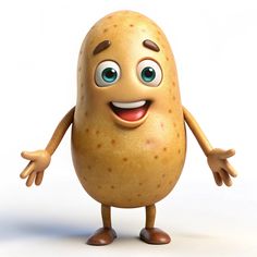 a potato with eyes and arms, standing on one leg in front of the camera