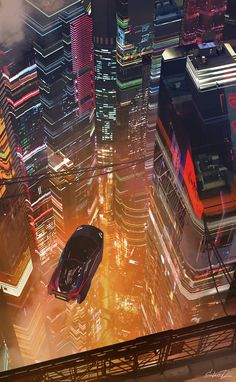 an aerial view of a futuristic city with cars and skyscrapers in the foreground