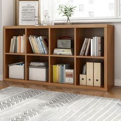 a bookshelf filled with lots of books in front of a window next to a rug