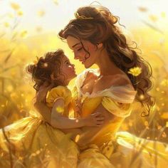 a painting of a woman holding a child in a field with yellow flowers on it