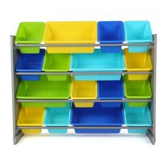 multicolored plastic bins are stacked on a metal shelf against a white background