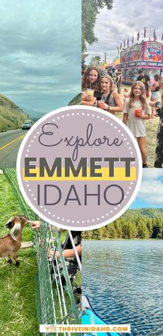 some people are standing by the water and looking at something in the distance with text overlay that reads explore emmett idaho