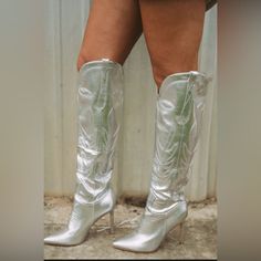 New-Never Used; Stiletto Heel, 4”, Calf Width 14” Size 7 Snip Toe Heels For Spring Parties, Spring Party Heels With Snip Toe, Silver Metallic Boots, Metallic Boots, Stiletto Boots, Stiletto Heel, Shoes Heels Boots, Shoes Women Heels, Heeled Boots