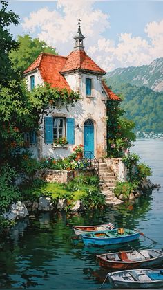 two boats are docked in the water near a house with red roof and blue shutters