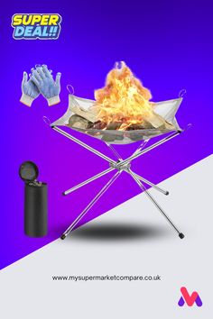 an open umbrella with flames and gloves on the inside, in front of a purple background