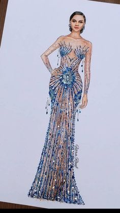 a drawing of a woman in a blue dress with sequins on the skirt