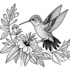 a hummingbird sitting on top of a branch with flowers and leaves around its neck