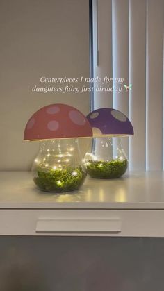 two glass vases filled with moss sitting on top of a white table next to a window