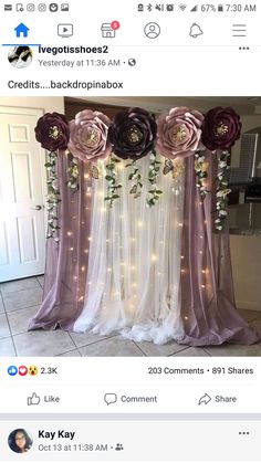 some flowers are hanging on the wall behind sheer curtains with lights in front of them