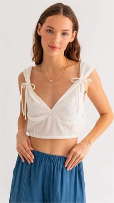 Detail: V neckline Shoulder tie Crop top Size Available:: Size Bust Length S 80cm/31.5'' 32cm/12.6'' M 84cm/33'' 33cm/12.9'' L 90cm/35.4'' 34cm/13.4'' Bow Crop Tops, Boho Lifestyle, White Crop Tank, Clothing Pieces, Wear Crop Top, Tie Crop Top, Summer Crop Tops, Midi Maxi Dress, White Crop