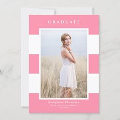 a pink and white graduation card with a girl in the middle, standing in tall grass