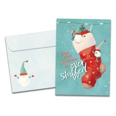 two christmas cards with santa stockings and gnomes on them