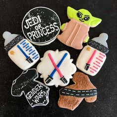 star wars decorated cookies on a table with the words jed or princess written on them