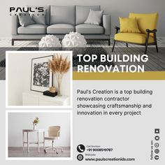 an advertisement for a renovation company with images of furniture and decor in white and yellow