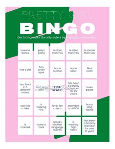 a pink and green poster with the words,'pretty girl bingo'on it