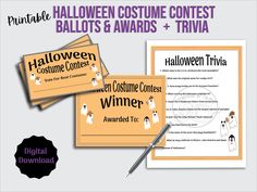 two halloween costumes contest flyers with the words,'halloween costume contest winner'and an award