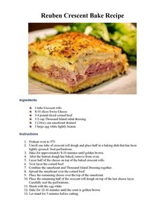 the recipe for reuben crescent bake is shown in an image above it's description