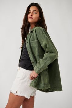 The perfect oversized transitional jacket. Beautifully dyed and hinted with side slits, this workwear-inspired twill jacket is the one to count on throughout the in-between seasons. Features spread collar, functional buttons and front pockets. Imported 100% Cotton Machine Washable, Tumble Dry Fits True to Size Green Denim Jacket Outfits, Green Flannel Outfit, Lazy Fashion, Transitional Jacket, Cotton Twill Jacket, Jacket Details, Visual Search, Twill Jacket, Workwear Jacket