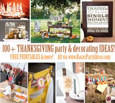 a collage of photos with the words 100 + thanksgiving party and decorating ideas