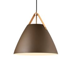 a brown light hanging from a ceiling fixture with wooden legs and an oval shade on the top