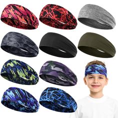 six different styles of headbands with various colors and designs on them, including one boy