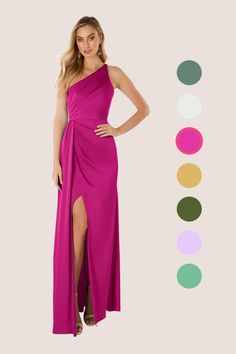 a woman in a long pink dress standing next to a color chart with different colors