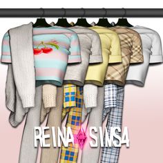 a bunch of clothes that are hanging up on a rack with the words reina sima