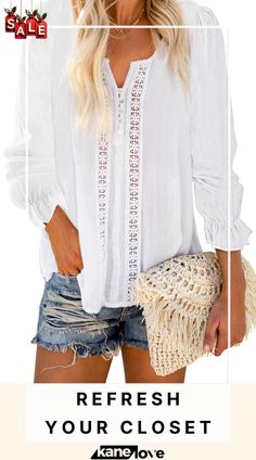 Bohemian Bubble Sleeve Eyelet Blouse Non-stretch Long Sleeve Beach Blouse, Non-stretch Long Sleeve Blouse For Beach, Casual Tops With Lace Trim, Casual Non-stretch Tops With Lace Trim, Non-stretch Long Sleeve Blouse For Vacation, Spring Vacation Long Sleeve Blouse, Casual Non-stretch Beach Blouse, Bohemian Non-stretch Long Sleeve Tops, Casual White Blouse With Boho Collar