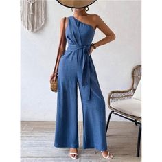 -Item Id 34018855 -Details: Belted, Pocket -Neckline: Asymmetrical Neck -Style: Casual -Waist Line: High Waist -Color: Blue -Pattern Type: Plain -Type: Other -Sleeve Length: Sleeveless -Length: Long -Fit Type: Regular Fit -Fabric: Non-Stretch -Material: Woven Fabric -Composition: 100% Polyester -Care Instructions: Machine Wash Or Professional Dry Clean -Body: Unlined -Sheer: No **Open To Offers!!!** **Bundle To Save More** **30% Off Bundles Of 2 Or More Items!!** ***Orders Go Out Within 5-10 Bus Boutique Pants, Tie Design, Slim Fit Top, Elegant Dresses Long, Black Party, Wide Leg Jumpsuit, Elegant Dress, Waist Tie, Wide Leg Jeans